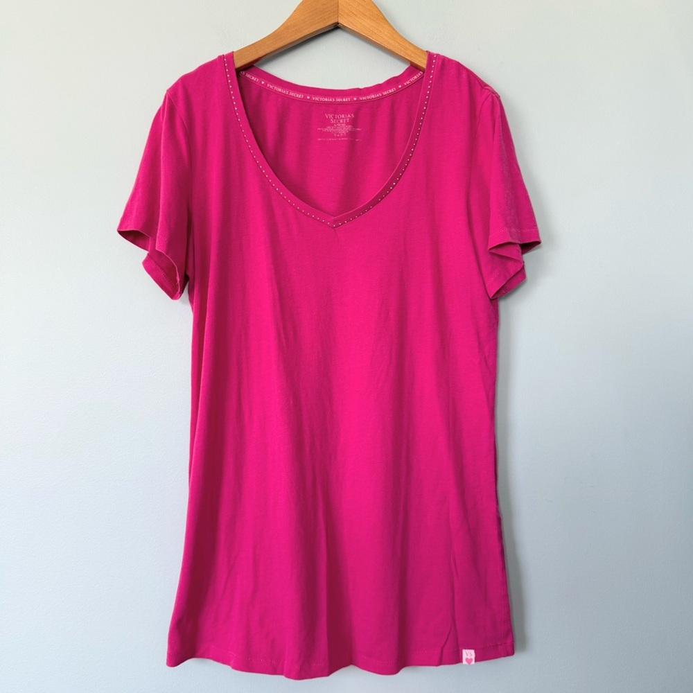 Victoria’s Secret Lounge Tee Pink Rhinestone Trim Top Size XL